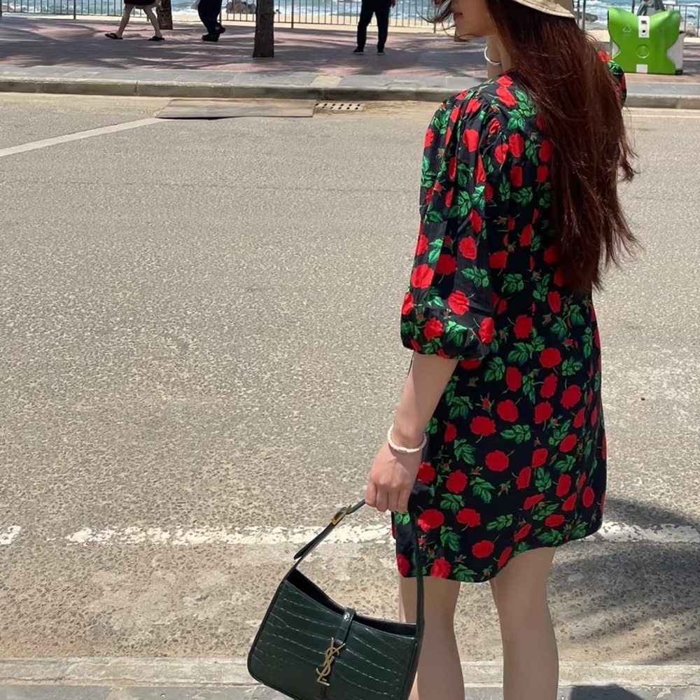 Ganni Black and Red Floral Mini Dress